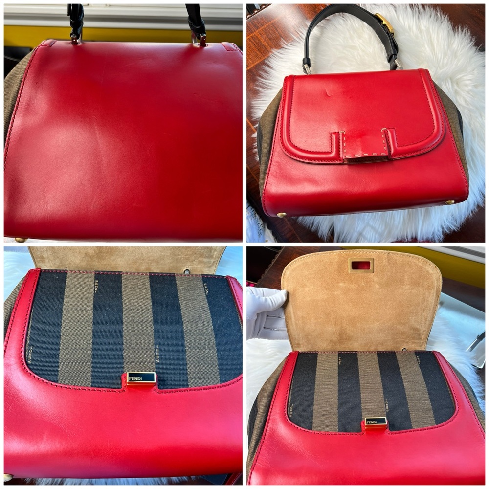 Fendi Silvana Leather Red Flap Turn-Lock Penguin Striped Canvas w/ Strap EUC - Picture 16 of 17